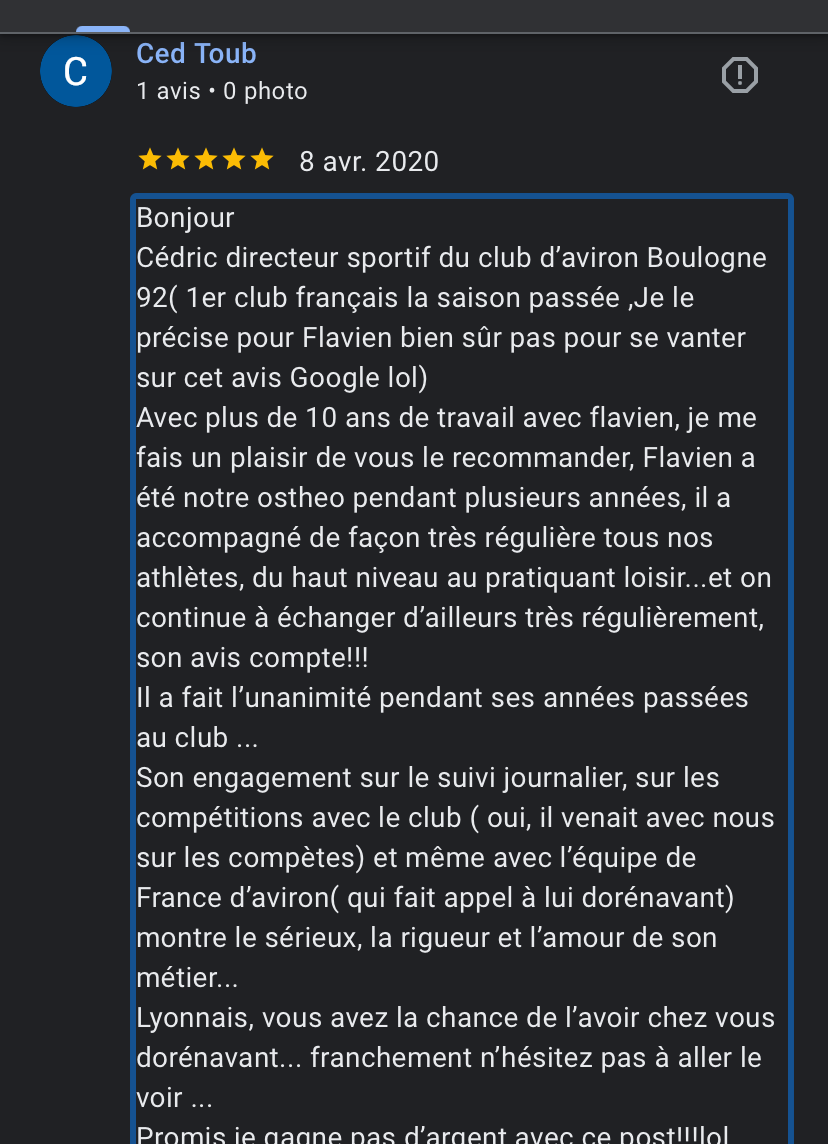 Avis google Cedric aviron ACBB suivi sportif blessure 